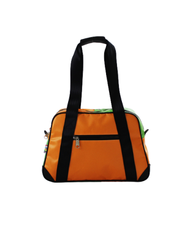 Vue face avant sac orange minicabine en bâche publicitaire