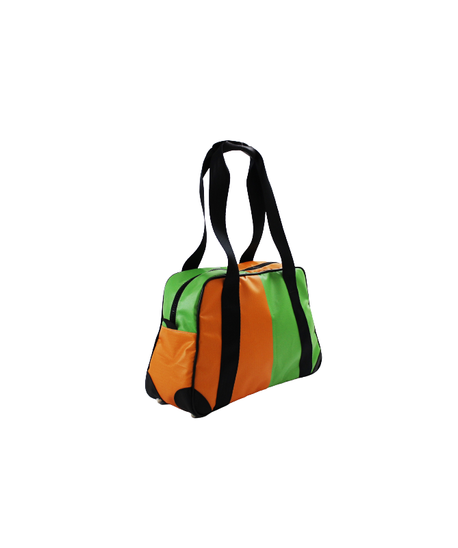 Vue côté  sac orange et vert minicabine en bâche publicitaire