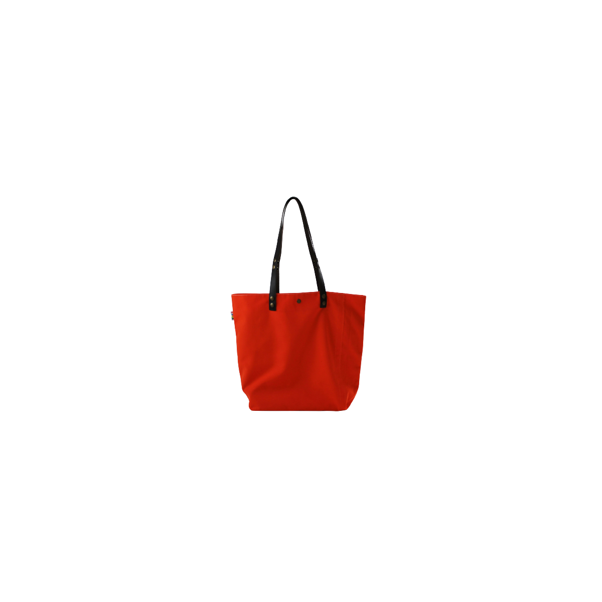 Vue face avant du cabas en toile de store orange, anses cuir amovibles.