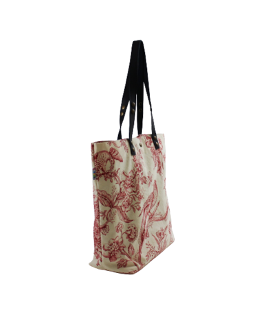 Vue côté du sac cabas en toile de Jouy rouge avec anses en cuir amovibles