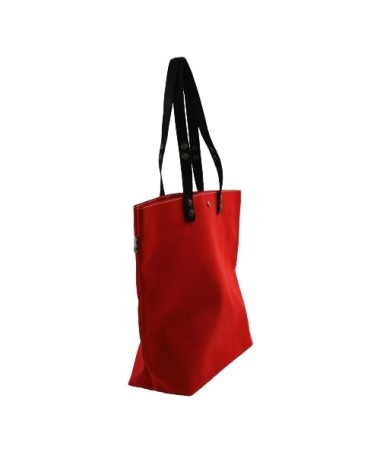 Vue de côté du cabas en toile de store rouge avec anses en cuir amovibles