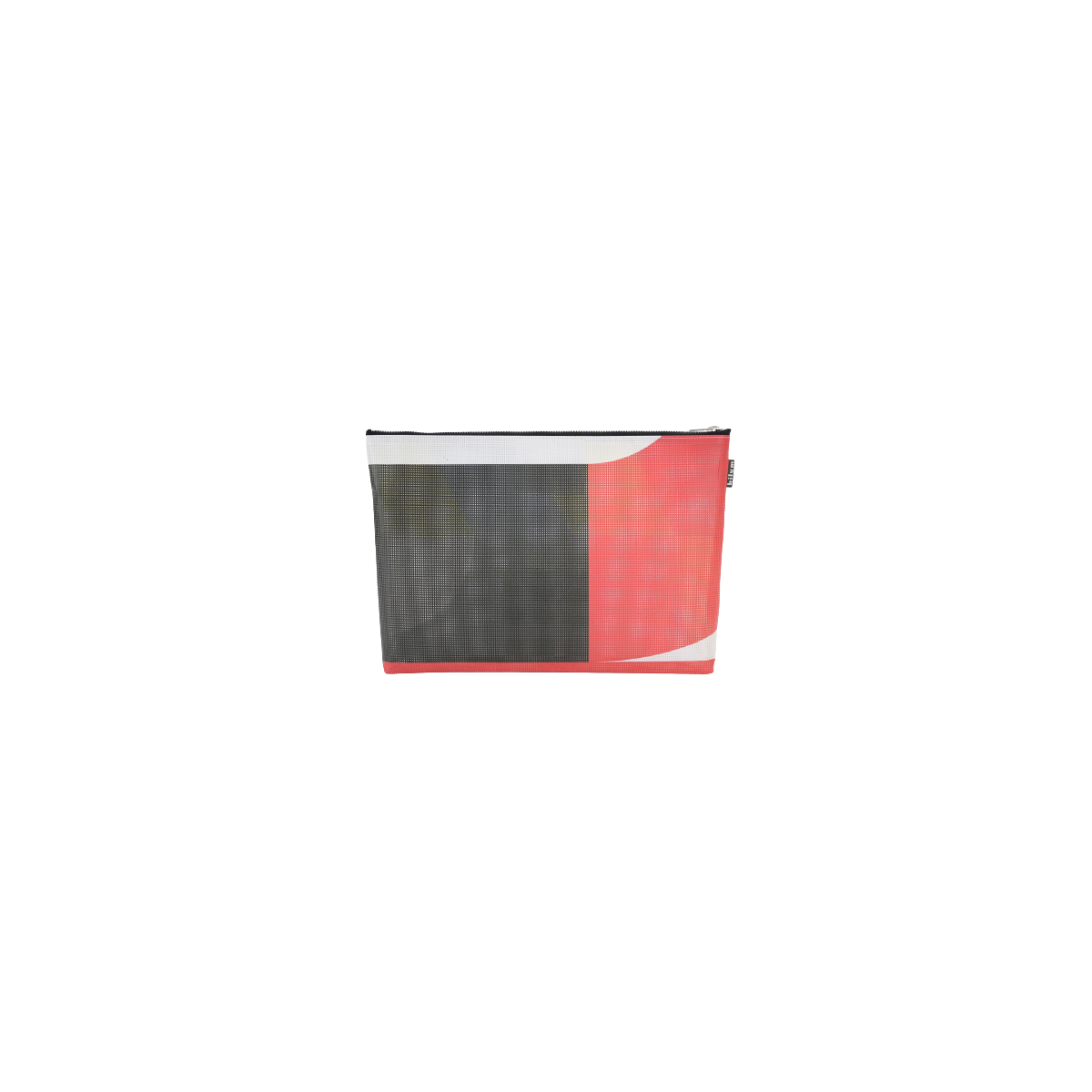 Vue face arrière noire, rouge et blanche d'une trousse A4 à soufflet en bâche de la Techno Parade 20 ans Vue face arrière noire, rouge et blanche d'une trousse A4 à soufflet en bâche de la Techno Parade 20 ans