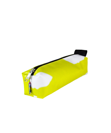 Vue de côté de la trousse écolière en bâche publicitaire jaune et blanche