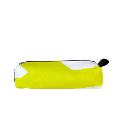 Vue d'une face de la trousse écolière en bâche publicitaire jaune et blanche