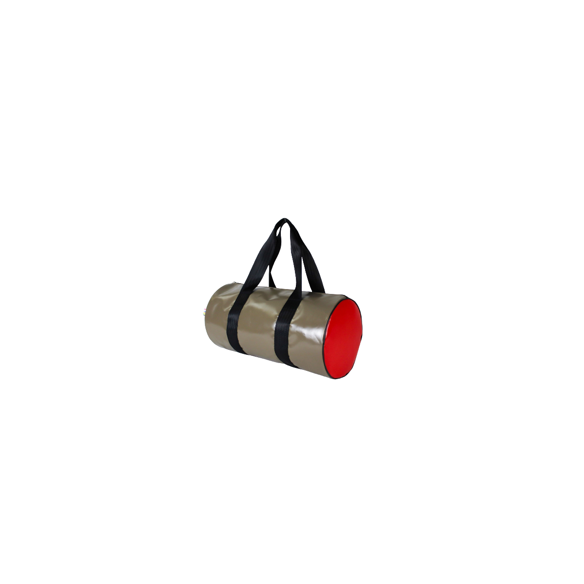 Vue de côté de ce sac polochon bicolore taupe et framboise en chutes de toiles de l'industrie aéronautique Vue de côté de ce sac polochon bicolore taupe et framboise en chutes de toiles de l'industrie aéronautique