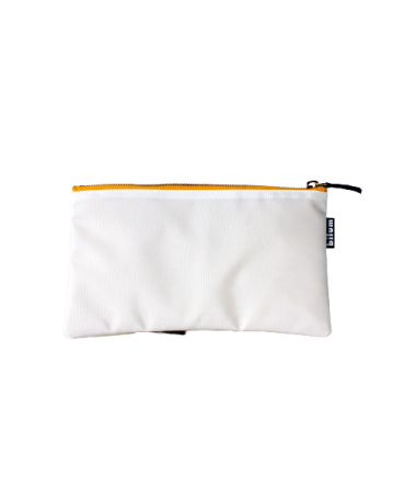 Face arrière grande trousse plate en toile d’airbag blanche avec doublure et fermeture éclair jaune