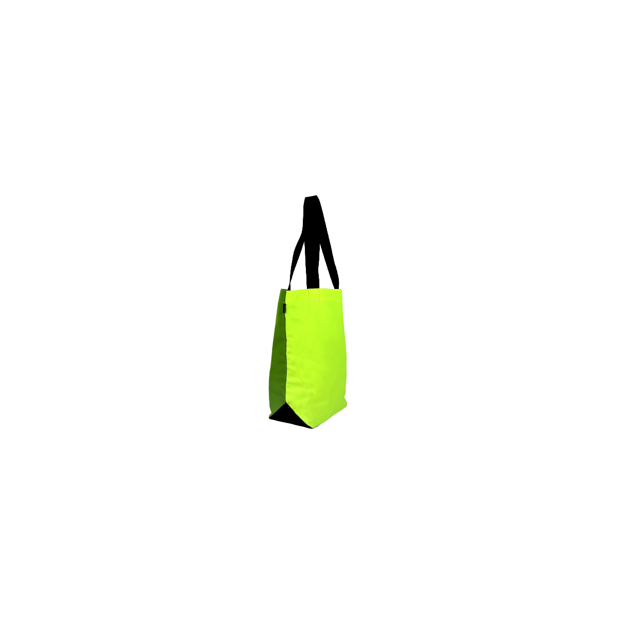 Vue latérale du sac isocèle en toiles de store jaune et verte Vue latérale du sac isocèle en toiles de store jaune et verte