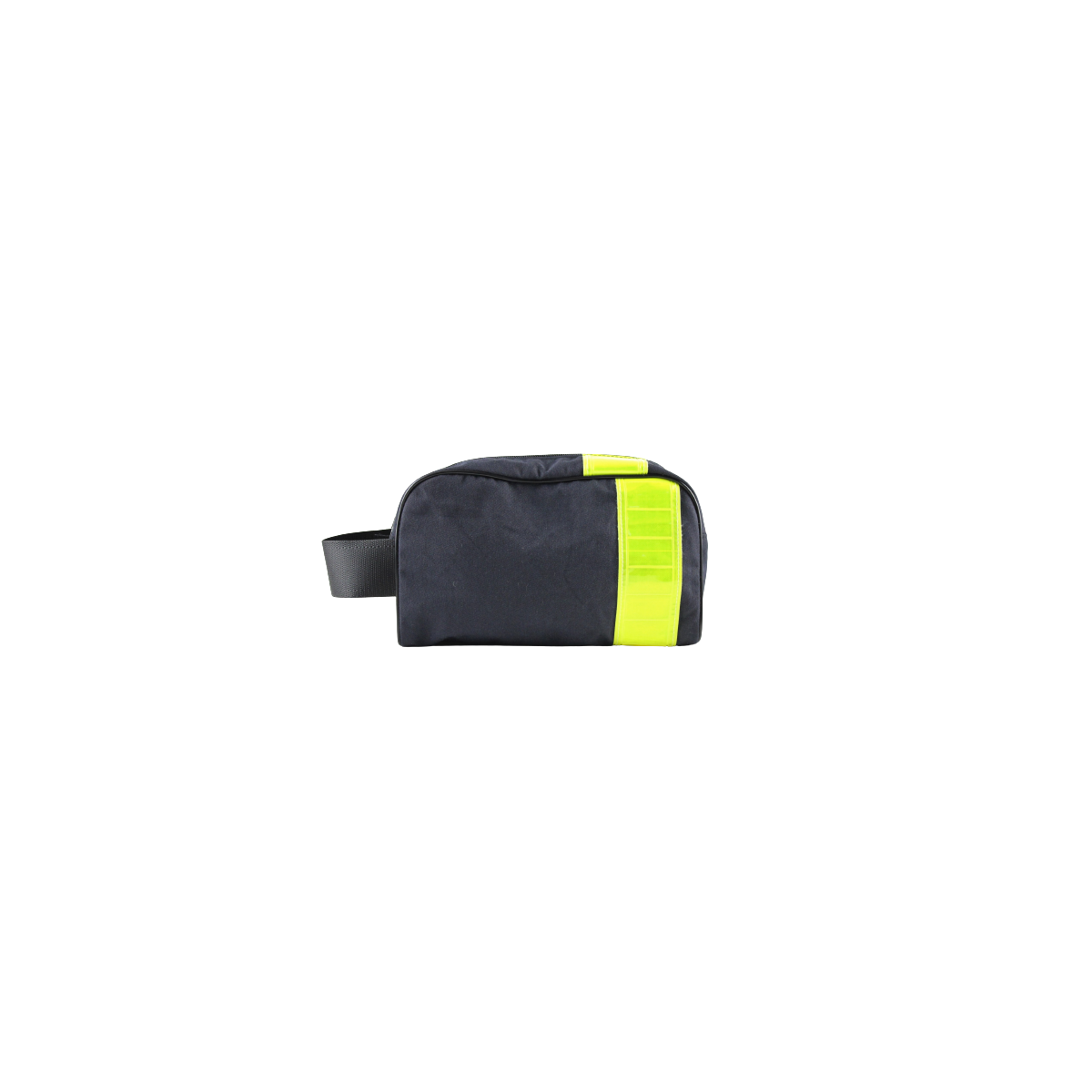 Face arrière d'une trousse de toilette noire en treillis de pompier avec une bande réfléchissante verticale jaune à sa droite Face arrière d'une trousse de toilette noire en treillis de pompier avec une bande réfléchissante verticale jaune à sa droite