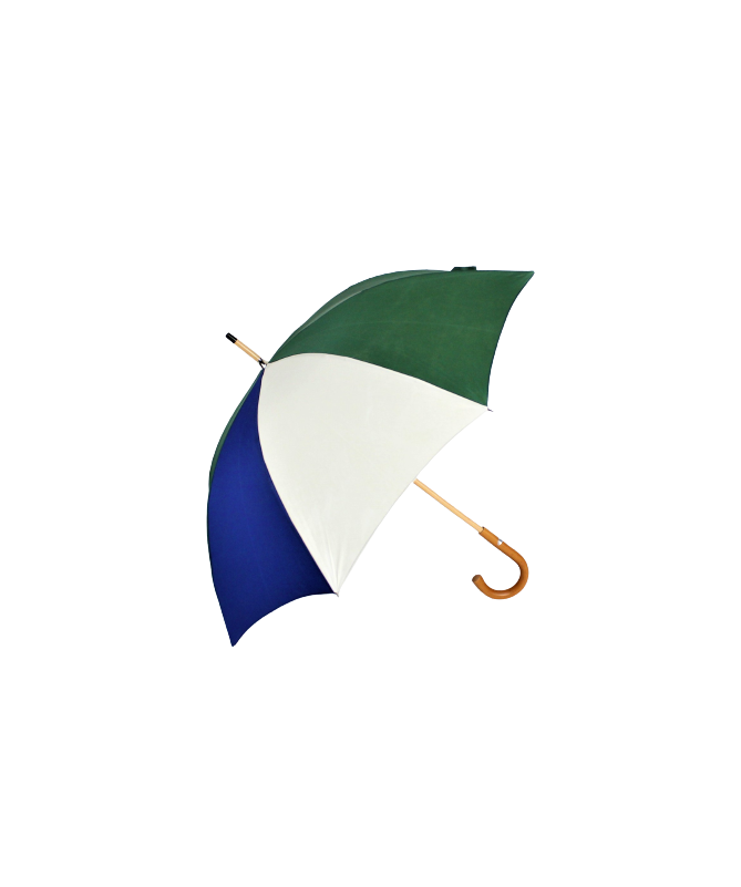 Vue latérale du parapluie en en toile de montgolfière on y retrouve les 3 couleurs : vert, blanc et bleu