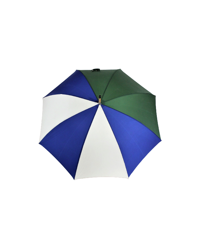 Parapluie en toile de montgolfière verte, blanche et bleue ouvert