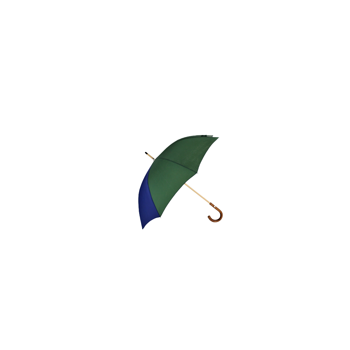 Vue latérale du parapluie en en toile de montgolfière on y retrouve les 3 couleurs : vert, blanc et bleu Vue latérale du parapluie en en toile de montgolfière on y retrouve les 3 couleurs : vert, blanc et bleu