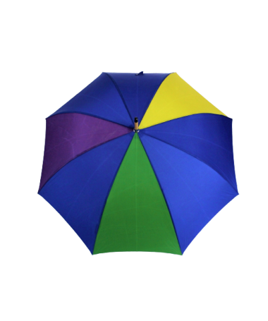 Parapluie ouvert en toile de montgolfière bleue verte, jaune et violette