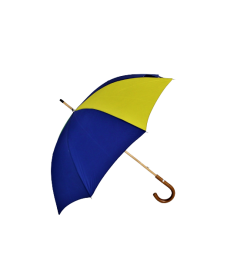 Vue latérale du parapluie en en toile de montgolfière on y retrouve les couleurs bleue et jaune