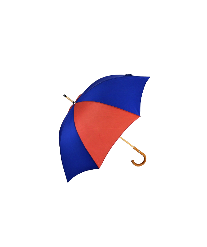 Vue latérale du parapluie en en toile de montgolfière on y retrouve ses 2 couleurs : rouge et bleu