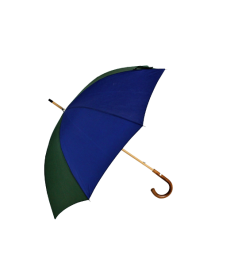 Vue latérale du parapluie en en toile de montgolfière on y retrouve ses 2 couleurs : verte et bleue