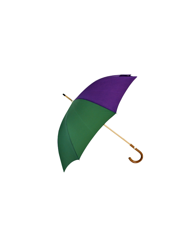 Vue latérale du parapluie en en toile de montgolfière on y retrouve ses 2 couleurs verte et violette