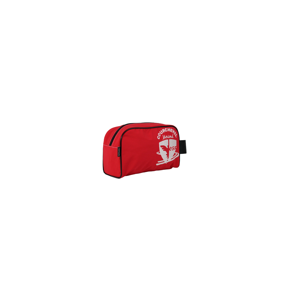 Vue de biais de la face avant d'une trousse de toilette rouge en blouson de moniteur de ski de Courchevelavec logo blanc Vue de biais de la face avant d'une trousse de toilette rouge en blouson de moniteur de ski de Courchevelavec logo blanc