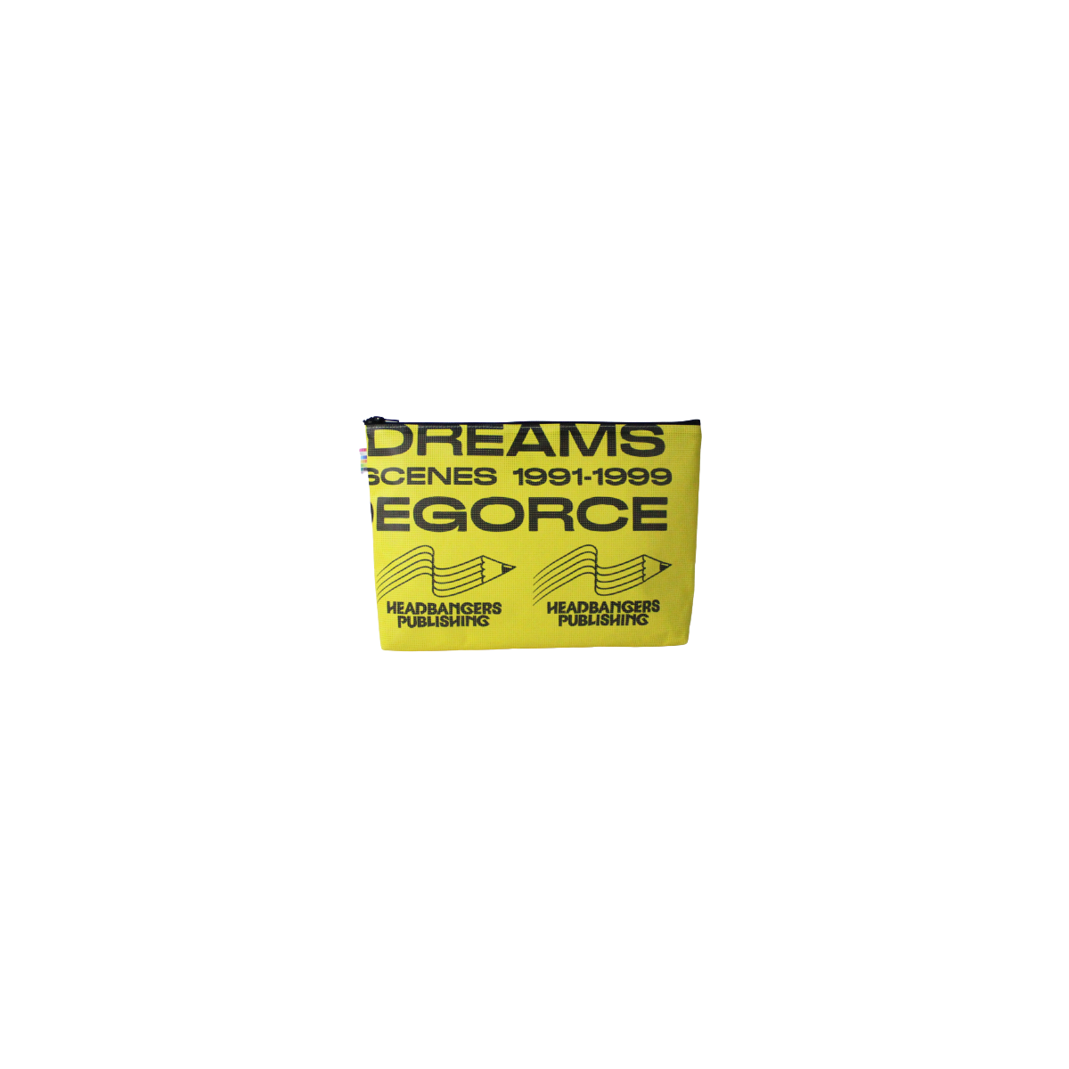 Face avant de la trousse à soufflet A4 jaune avec des inscriptions noires de la bâche de la Techno Parade 20 ans. Face avant de la trousse à soufflet A4 jaune avec des inscriptions noires de la bâche de la Techno Parade 20 ans.