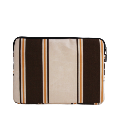 Face arrière housse pour ordinateur en toile de store beige et rayures verticales marron et jaune
