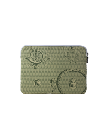 Face arrière housse 13.3" pour ordinateur en toile de Jouy verte.