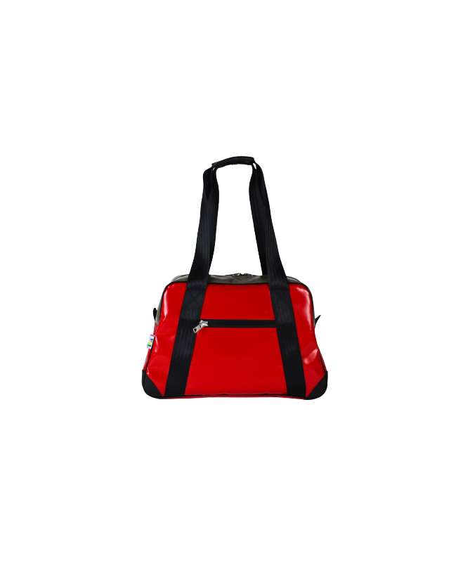 Face avant du sac minicabine couleur framboise en bâche publicitaire avec anses en ceinture de sécurité