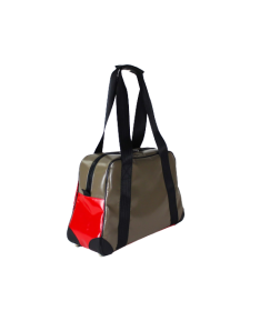 Vue de côté du sac minicabine  en bâche permettant de voir la partie couleur taupede ce sac bicolore