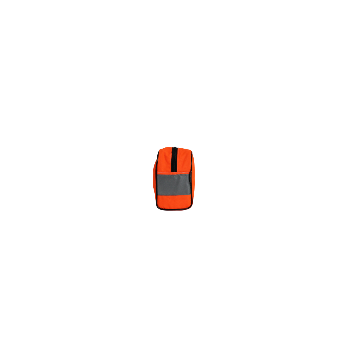 Vue dessus et côté de la trousse de toilette en blouson de chantier orange avec sa bande réfléchissante horizontale Vue dessus et côté de la trousse de toilette en blouson de chantier orange avec sa bande réfléchissante horizontale