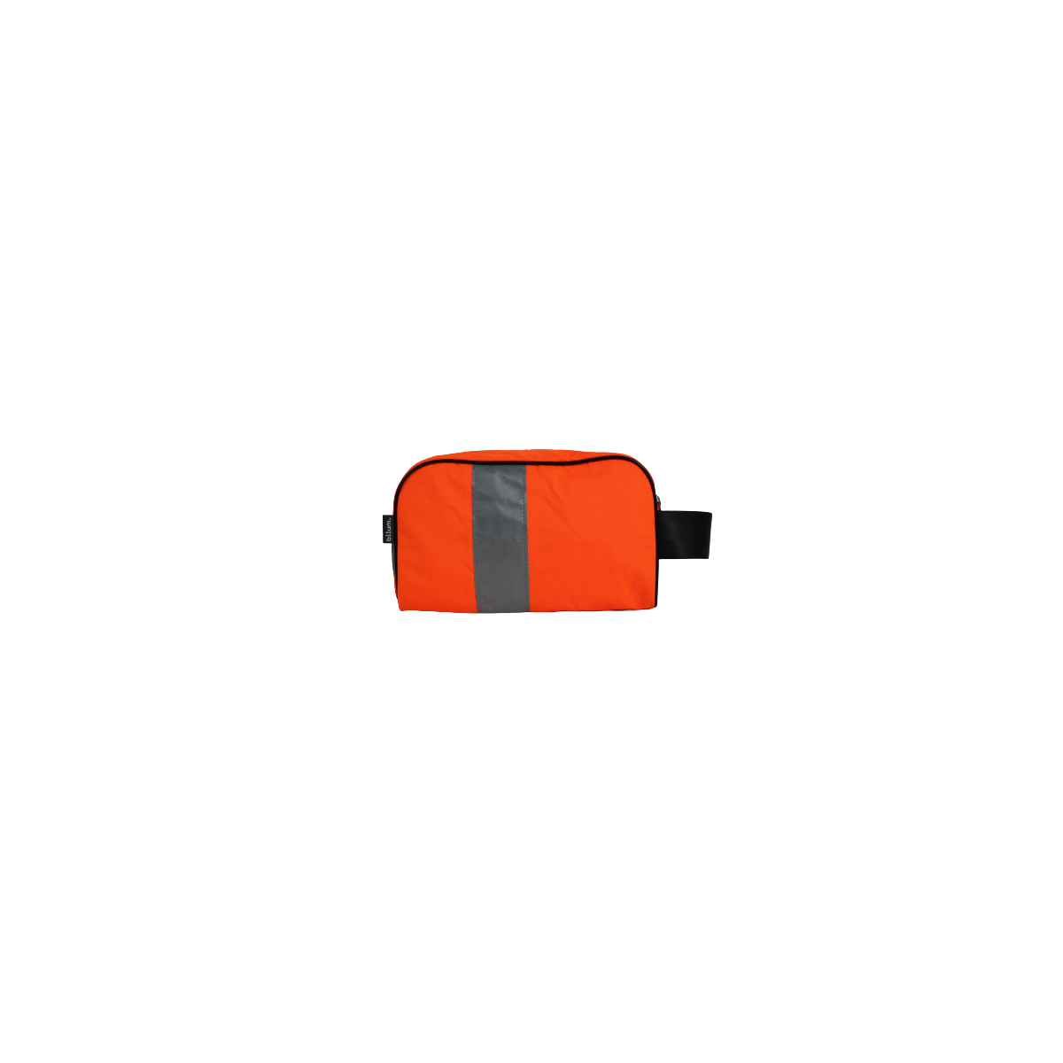 Face avant de la trousse de toilette en blouson de chantier orange avec sa bande réfléchissante verticale légèrement à gauche Face avant de la trousse de toilette en blouson de chantier orange avec sa bande réfléchissante verticale légèrement à gauche