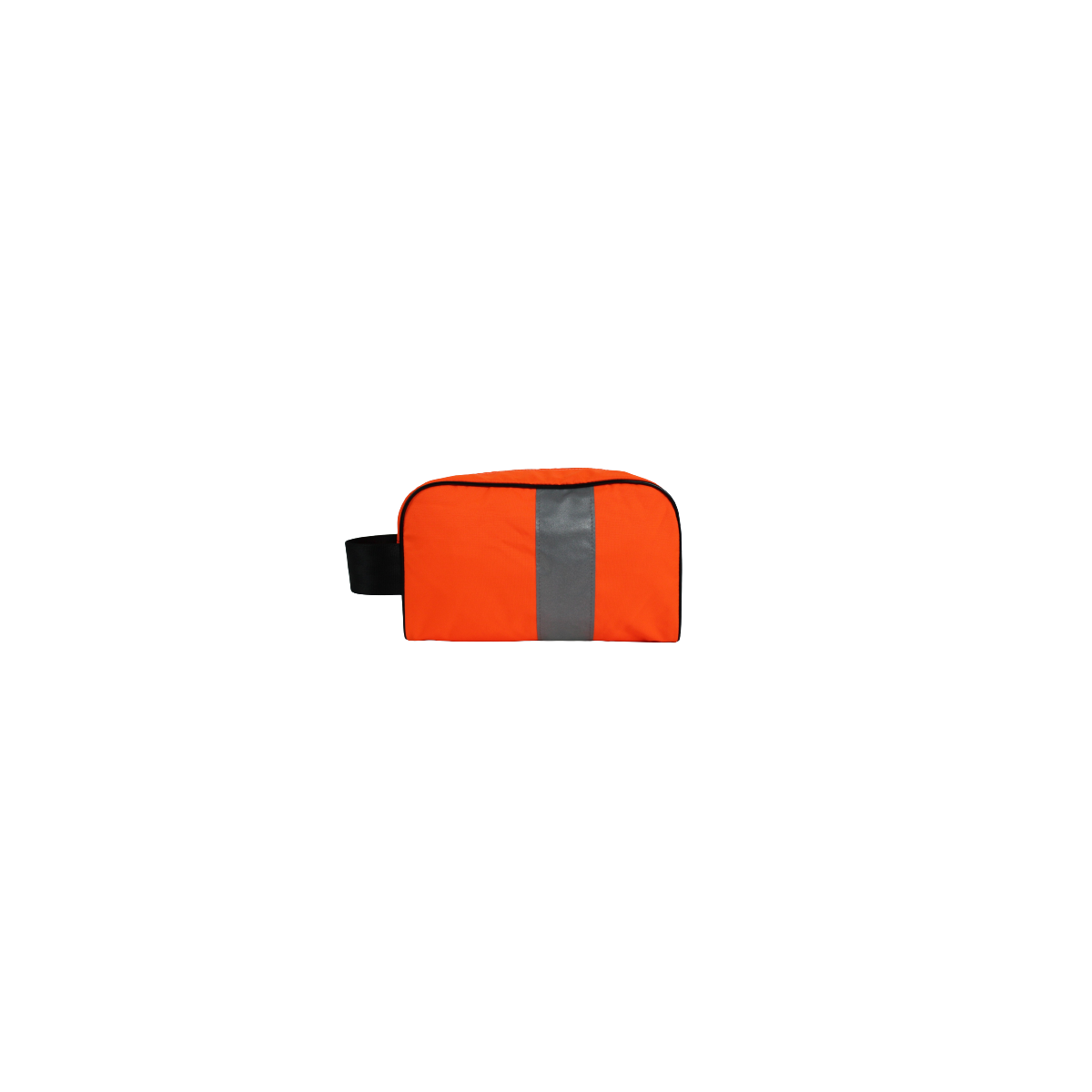 Arrière de la trousse de toilette en blouson de chantier orange avec sa bande réfléchissante verticale légèrement à droite Arrière de la trousse de toilette en blouson de chantier orange avec sa bande réfléchissante verticale légèrement à droite