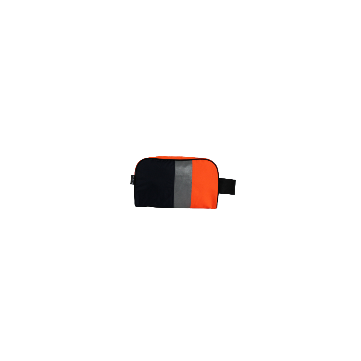 Face avant de la trousse de toilette en blouson de chantier avec rayures verticales noire, bande réfléchissante grise et orange. Face avant de la trousse de toilette en blouson de chantier avec rayures verticales noire, bande réfléchissante grise et orange.