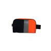 Face avant de la trousse de toilette en blouson de chantier avec rayures verticales noire, bande réfléchissante grise et orange.