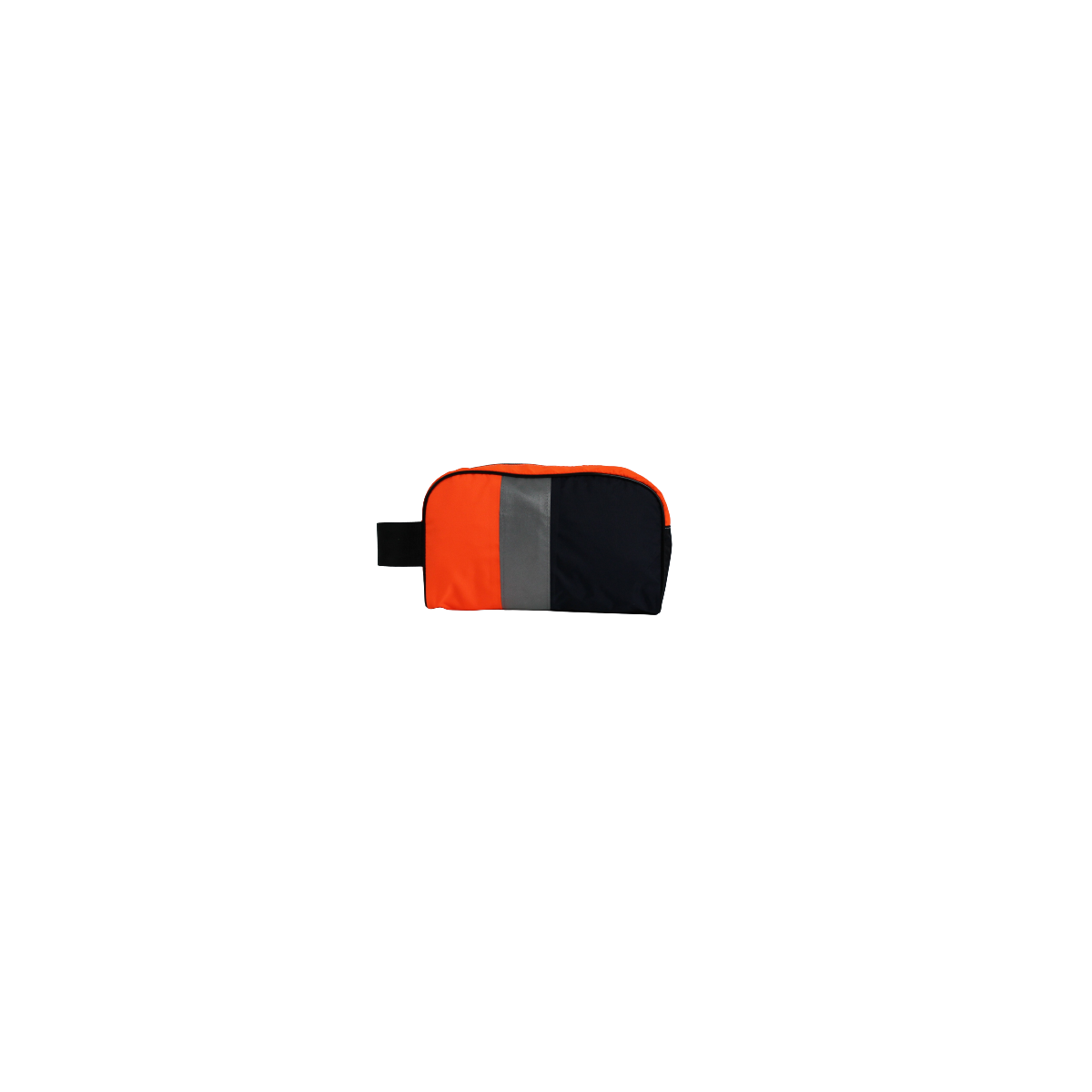 Face avant de la trousse de toilette en blouson de chantier avec rayures verticales orange, bande réfléchissante grise et noire. Face avant de la trousse de toilette en blouson de chantier avec rayures verticales orange, bande réfléchissante grise et noire.