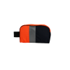 Face avant de la trousse de toilette en blouson de chantier avec rayures verticales orange, bande réfléchissante grise et noire.