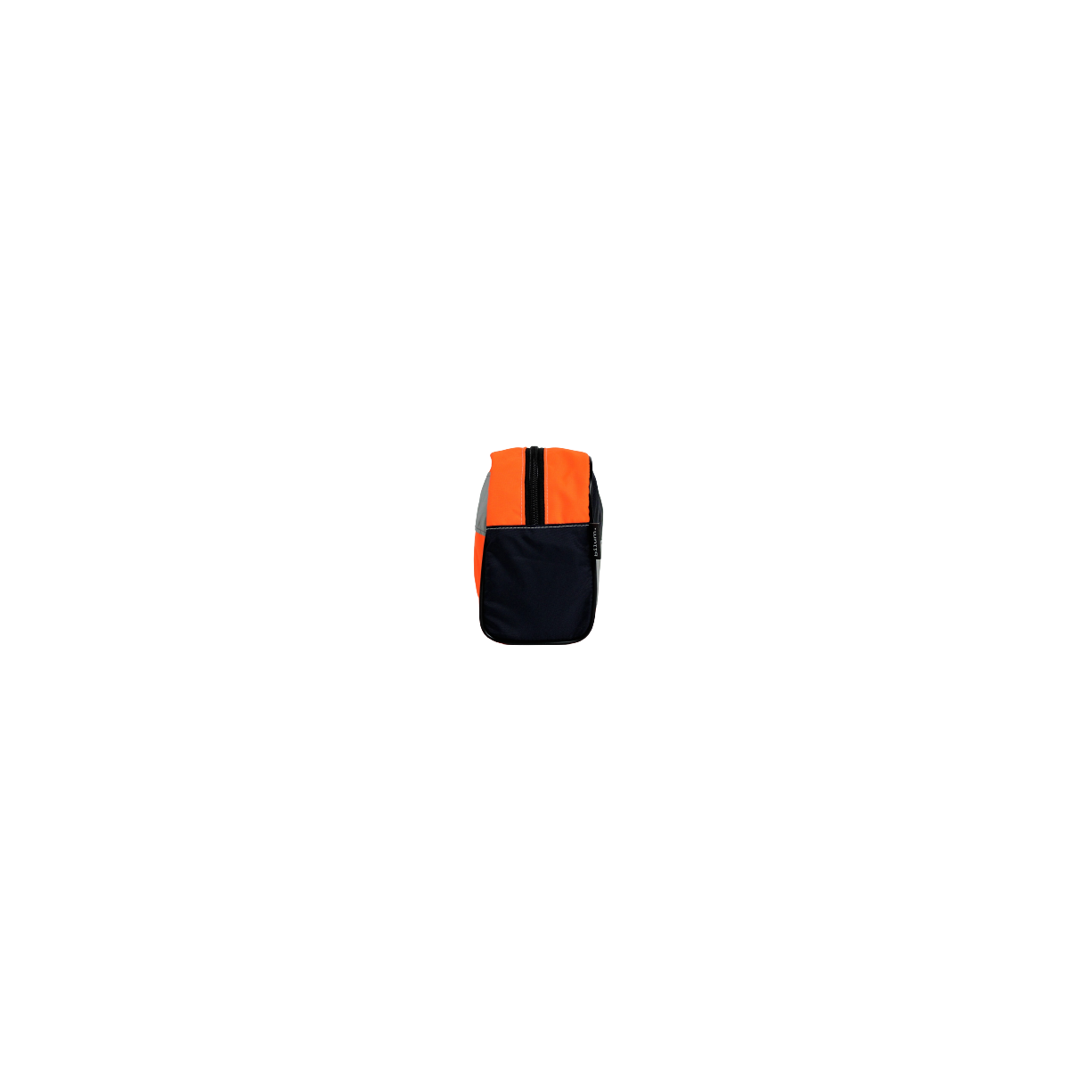 Vue du côté sans anse noire et dessus orange de la trousse de toilette en blouson de chantier Vue du côté sans anse noire et dessus orange de la trousse de toilette en blouson de chantier