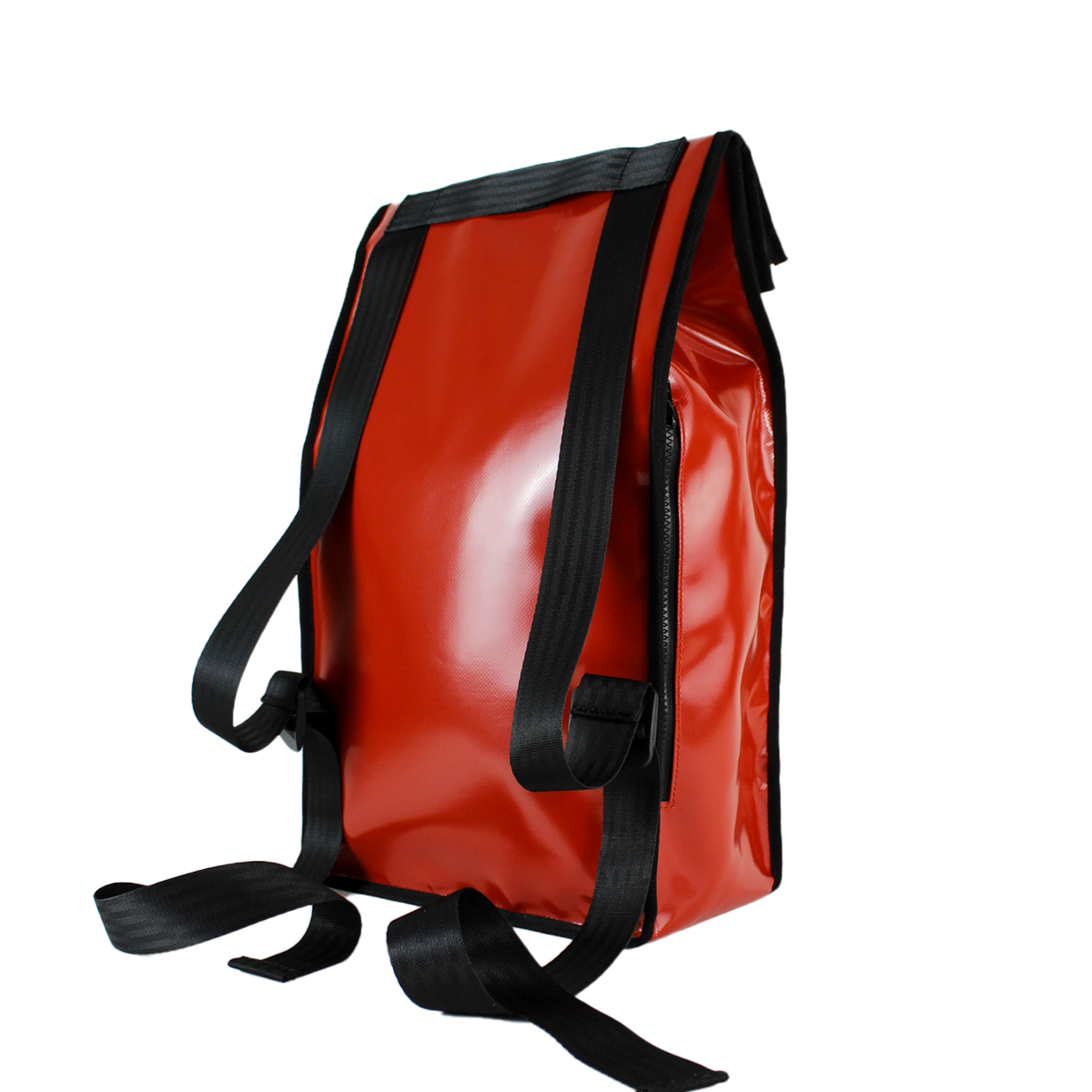Sac à dos bâche|Vue de dos du sac à dos. Sac à dos upcyclé couleur rouille.