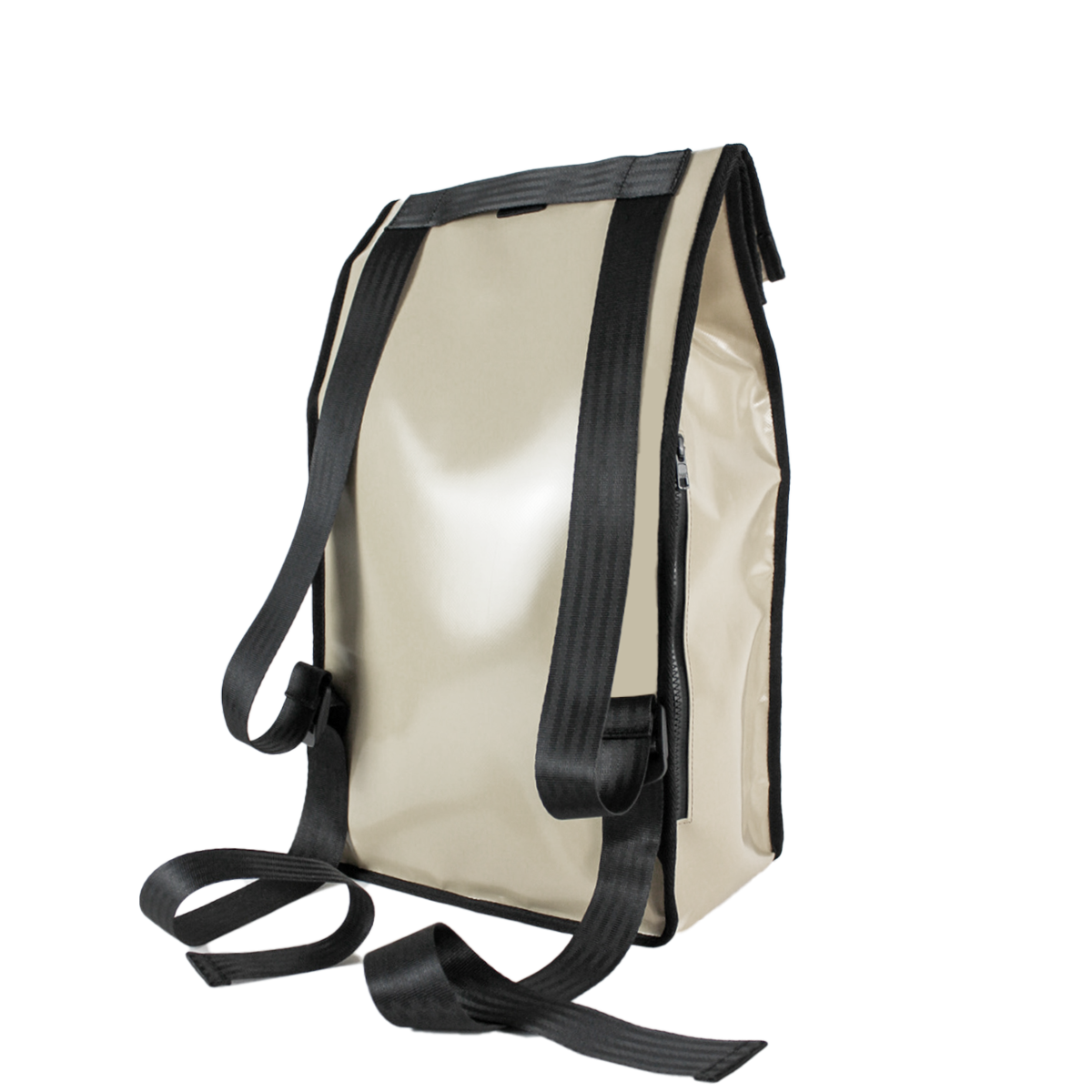 Sac à dos bâche|Vue de dos du sac à dos. Sac à dos upcyclé couleur crème.