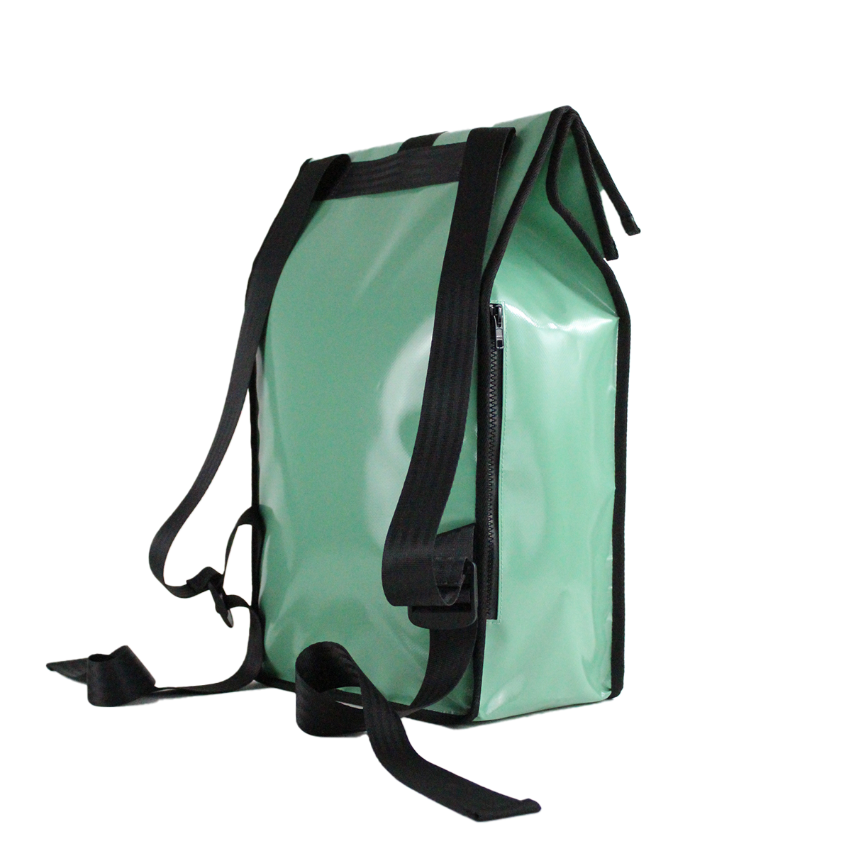 Sac à dos bâche|Vue de dos du sac à dos. Sac à dos upcyclé couleur vert d'eau.
