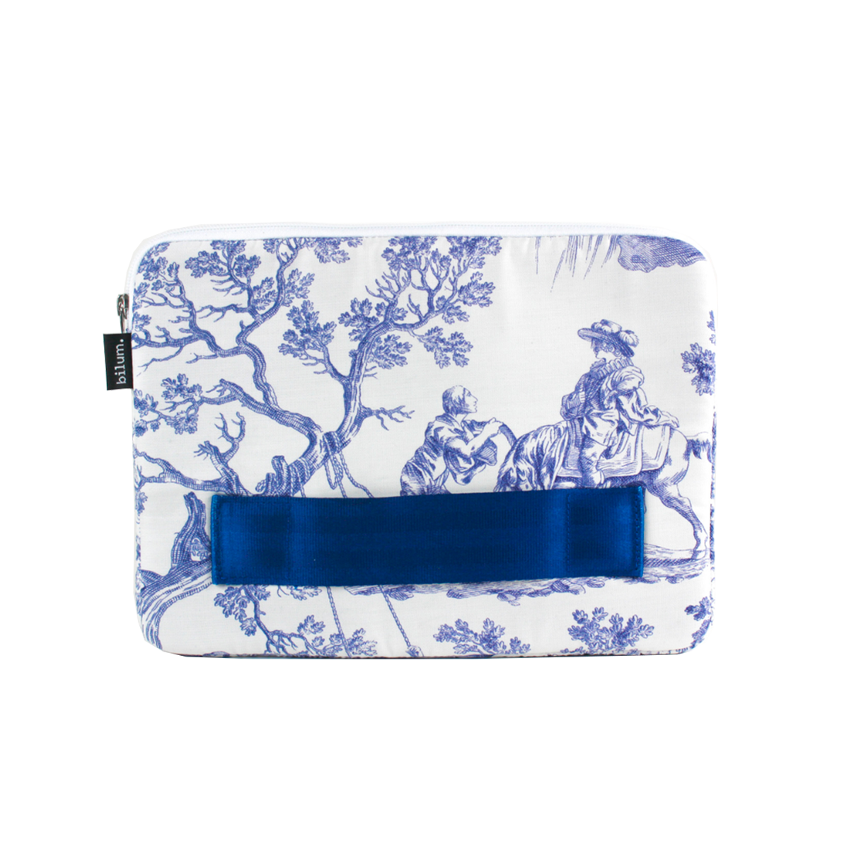 Housse bilum vue de face en toile de Jouy upcyclée, couleur bleu
